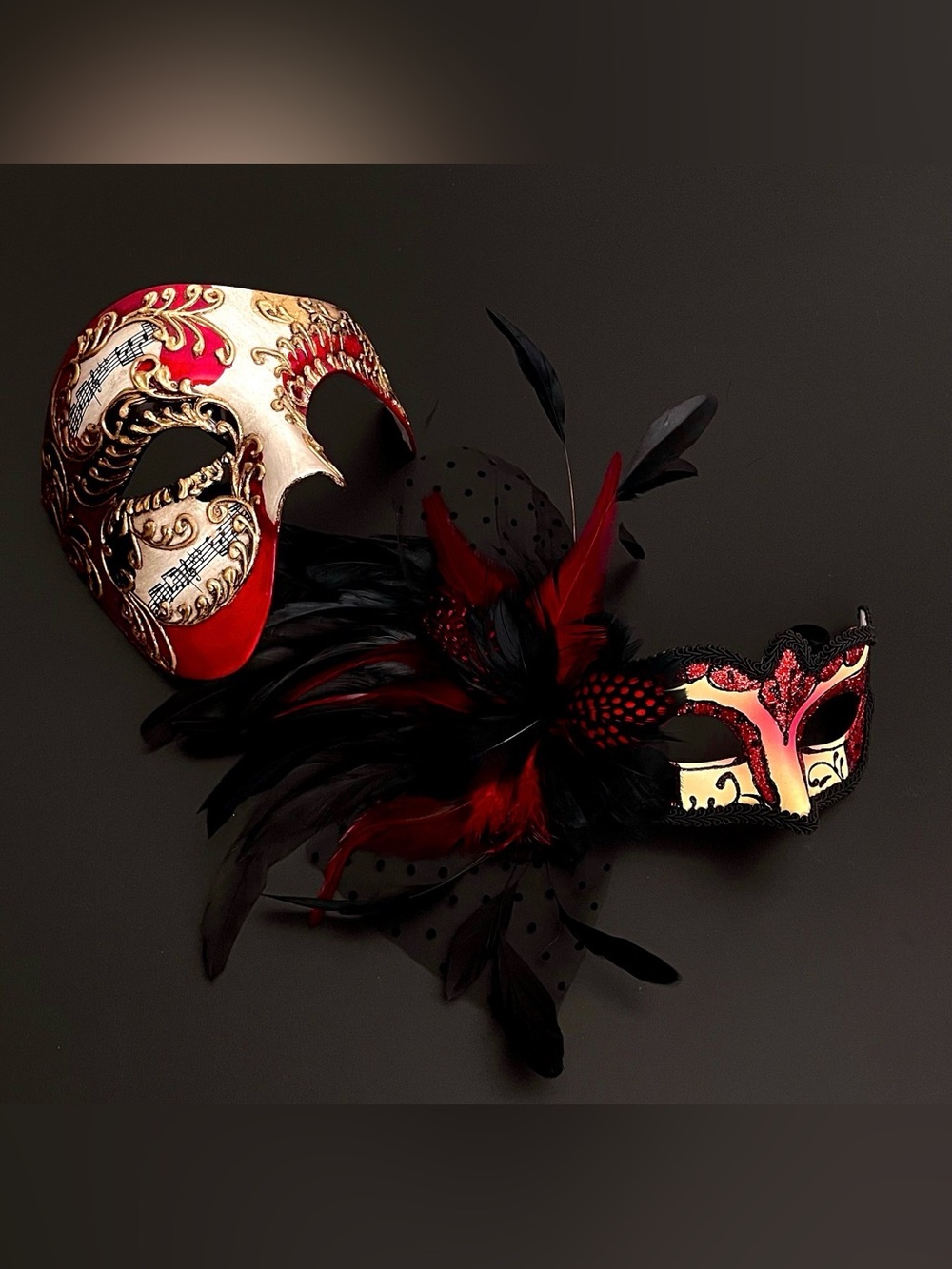 Red and Black Feathered Venetian Masquerade Mask